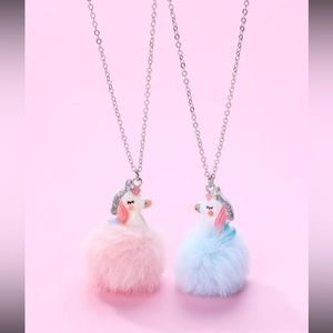 2pcs Toddler Girls' Cute Plush Ball & Resin Unicorn Pendant Necklaces For Autumn